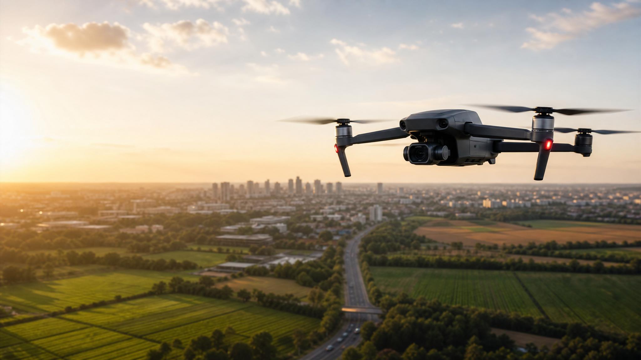 Drone profissional em voo para captação de imagens aéreas em Rio Preto