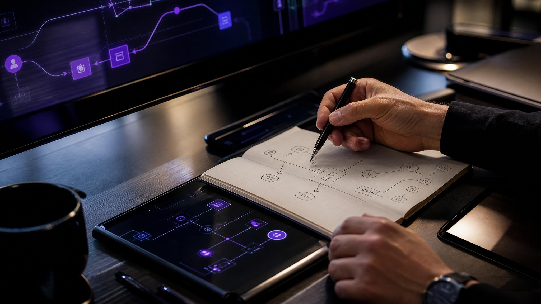 Mesa de diagnóstico operacional com telas e fluxos de automação analisados